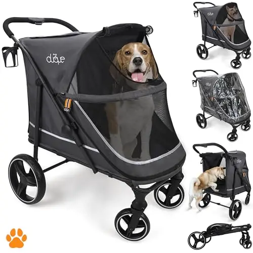 DUQUE Poussette CHAMP - Poussette Voyage pour Animaux | Pliable avec Housse de Pluie, Porte-Gobelet et Rangement Intérieur, 50 kg - Gris Chien