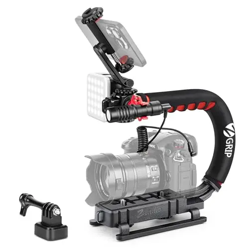 Zeaido Stabilisateur vidéo à Main, kit rig poignée caméra Tout-en-Un avec lumière vidéo LED dimmable, Microphone, Support téléphone, Adaptateur caméra d'action pour vlogging, Youtube, TikTok, etc