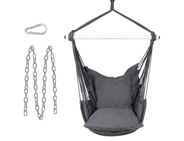 SONGMICS Fauteuil suspendu, balançoire, avec 2 coussins, chaîne en métal, charge jusqu'à 150 kg, pour l'intérieur et l'extérieur, salon, chambre à coucher, gris ardoise GDC197G02