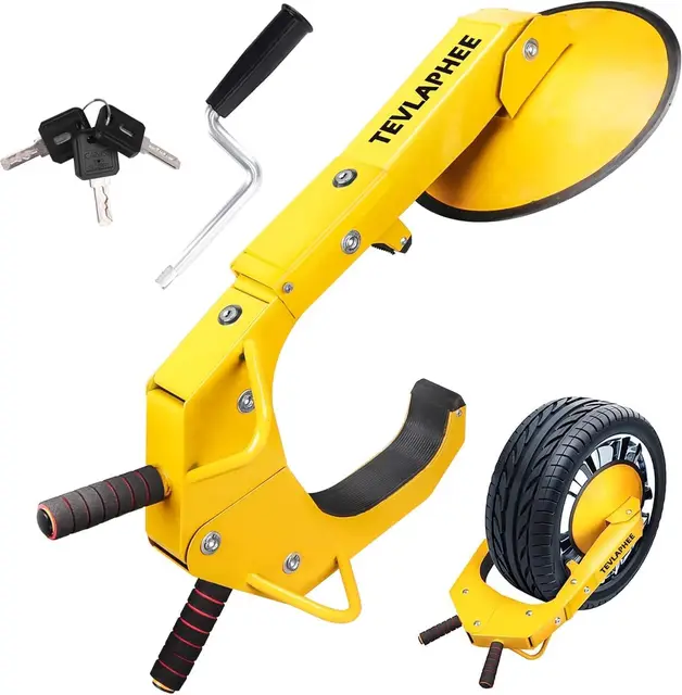 Tevlaphee Antivol de roue de voiture, antivol de pneu, anti-vol, griffe de roue de remorque, serrure, griffe de stationnement pour voitures, camions, SUV (Collier de roue à double verrouillage) Jaune