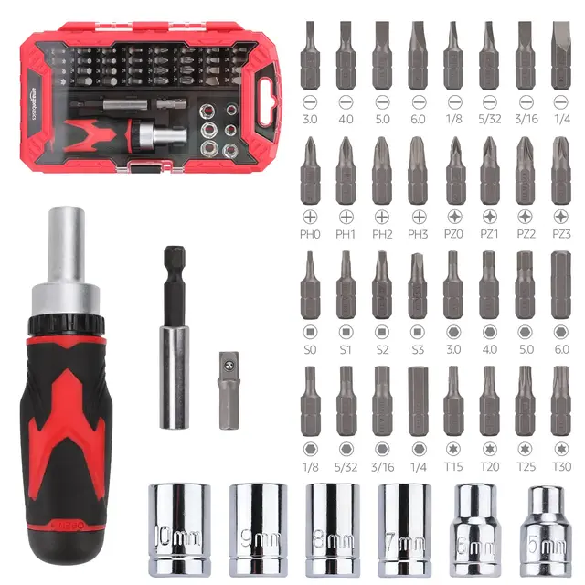 Amazon Basics Coffret tournevis à cliquet magnétique 41 unité, lot de 1, Noir/rouge