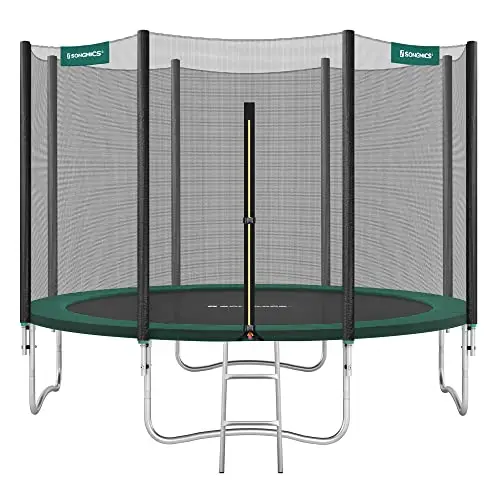 SONGMICS Trampoline Extérieur Enfant Diamètre 183/244/305/366/427 cm, Filet de Protection Externe, Coussins de Sécurité, Échelle, Poteau Droit de 180 cm de Haut, Cadre en Acier