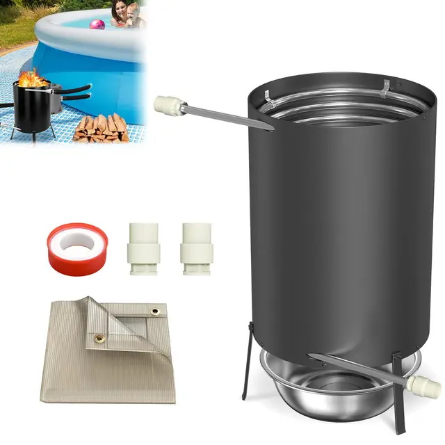 ACXIN 1 chauffage de piscine avec feu, raccords en acier inoxydable, tonneau à bois de chauffage, chauffage avec spirale chauffante pour piscines, poêle de piscine, chauffage avec tapis et bac de