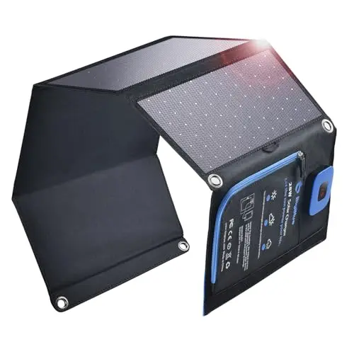 28W Panneau Solaire Pliable avec Ampèremètre Numérique, BigBlue Chargeur Solaire Portable Étanche IP44, USB-C et USB-A Ports, Sortie Totale 5V/4A, Compatible avec iPhone, Samsung Galaxy, Huawei, etc.