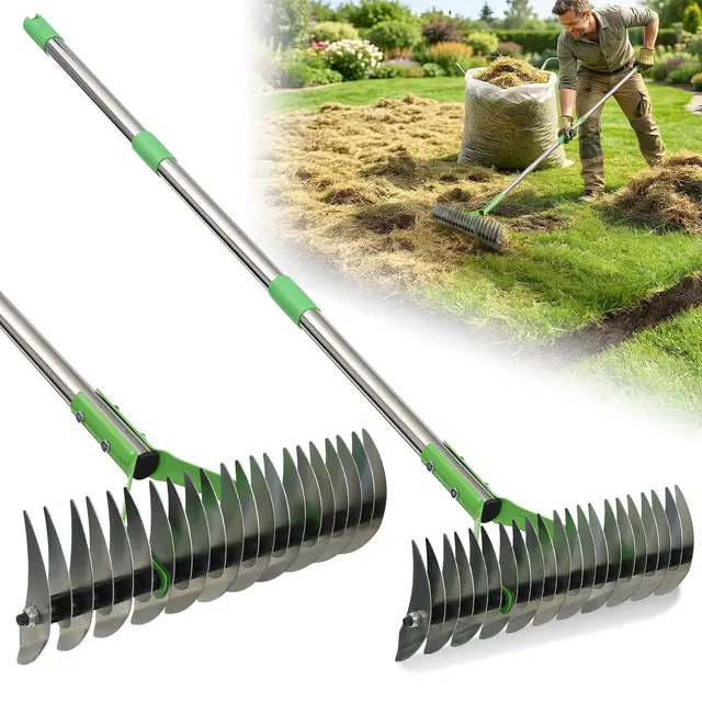 Rateau de Désherbage Scarificateur Gazon Manuel 21 Dents, Aérateur de Pelouse à Manche Long, Outil de Jardinage pour Enlever la Mousse et Aérer Le Sol (1, argenté, 114cm)