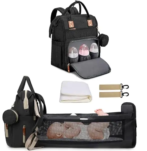 Sac à Dos à Langer pour Bébé, Sac à Dos Pour lit bébé, Sac à langer de voyage portable avec lit pliable Grande Capacité Sac à Couches Multifonction Imperméable