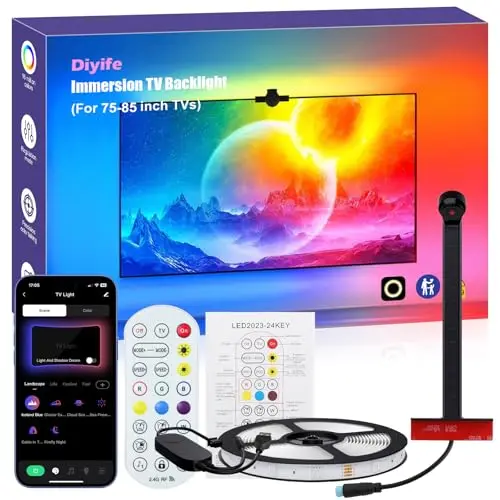 Diyife TV Backlight avec AR Farbe Sync, 5M Bande LED TV Smart RGB avec Caméra, Rétro-éclairage LED pour TV à Immersion, Télécommande et Applicatio