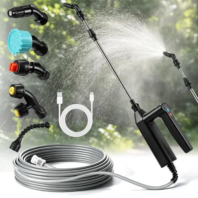 7.4V Pulverisateur Electrique, Pulverisateur de Jardin avec 3 Vitesses, 8M Tuyau, 5 Embouts et Tige Télescopique, 2000 mAh Pulvérisateur à Batterie pour Nettoyer Arrosage