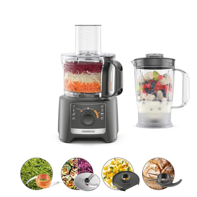 Kenwood MultiPro Compact FDP31.170GY, Robot Culinaire, Fonction Pétrissage et Disque Trancheur, Blender 1.2L, 2 Vitesses + Pulse, Bol 2.1L, 800W, Gris