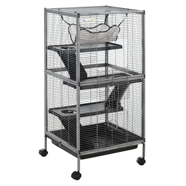 PawHut Cage pour Petits Animaux Portable à 4 Niveaux Cage Chinchilla Cage Furet avec roulettes, 2 Portes, 3 Rampes, Hamac et Plateau Amovible, 52 x 52 x 113,5 cm Gris