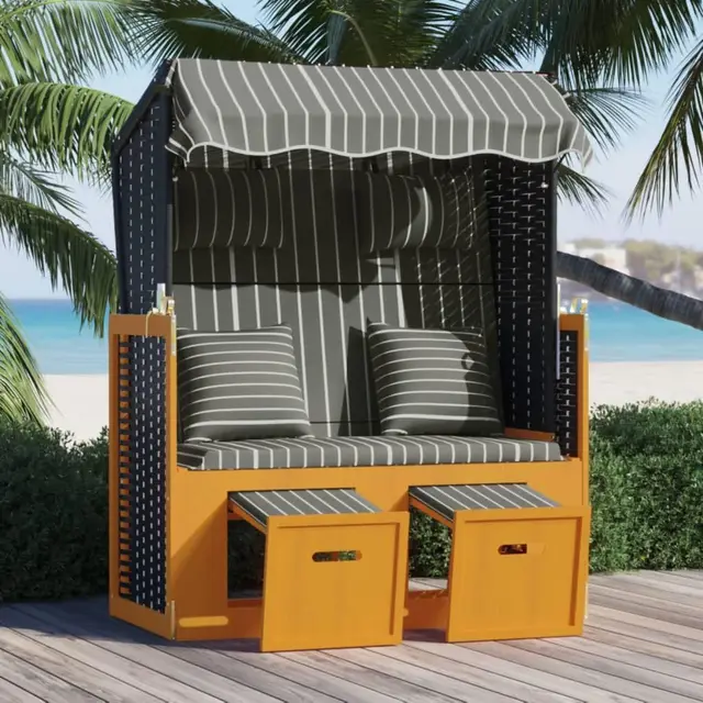 FIRBNUS Strandkorb mit Kissen Poly Rattan&Massivholz Schwarz&Grau Gartenmöbel Gartenliege Holz Strandkorb Balkon Beach Chair Strandstuhl Holz Strandkorb 2 Sitzer Strandsitz Rattan Verstellbar
