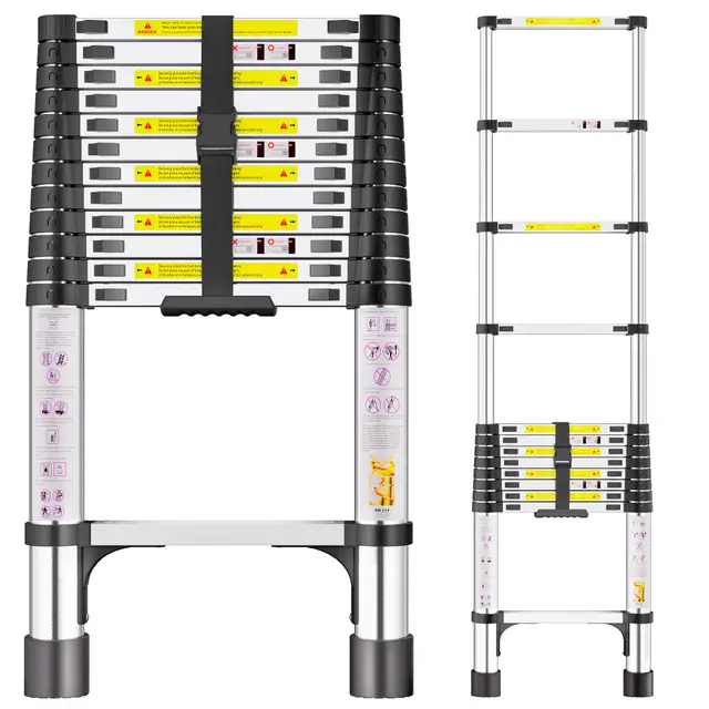 Échelle Télescopique 3,8m en Acier Inoxydable, Échelle Extensible avec Pieds Antidérapants, Échelle Portable à Hauteur Réglable pour Grenier, Toiture, Camping-Car, Décoration et Entretien