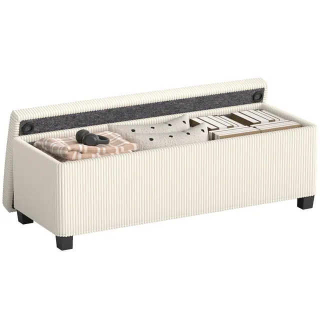 HOMCOM Banc de Rangement 84L Pouf Salon Bout de lit Coffre de Rangement Repose-Pieds en Velours côtelé avec Couvercle, pour Salon, Chambre, entrée, 112 x 42 x 40 cm, Beige