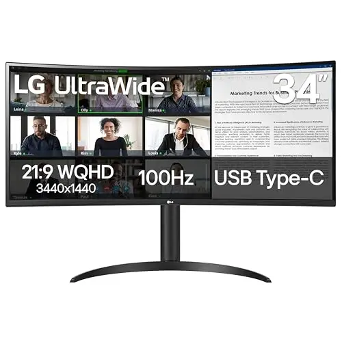LG 34WR55QK-B 34" UltraWide WQHD (3440 x 1440) Écran d'ordinateur incurvé, 100 Hz, 5 ms, HDR10, Mode Lecteur, HDMI, DisplayPort, USB Type-C, Support inclinable et réglable en Hauteur, Noir