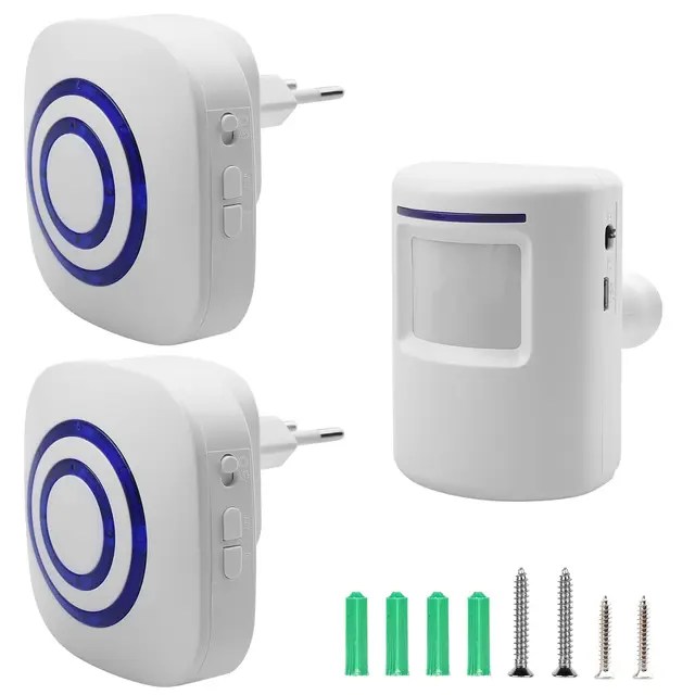 Alarme de passage sans fil, sonnette de magasin avec système d'alarme sans fil comprenant 2 récepteurs électroniques enfichables, 1 détecteur de mouvement PIR, détecteur de passage, système d'alarme