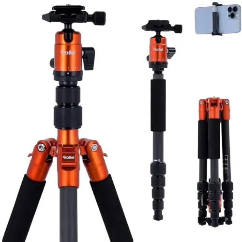 Rollei Trepied Appareil Photo Voyage, Rollei Compact Traveler No.1 Carbone Orange 145cm avec Téléphone Support Trépied Portable pour Nikon Sony Canon DSLR, Trepied-Appareil-Photo-Voyage-Tripod