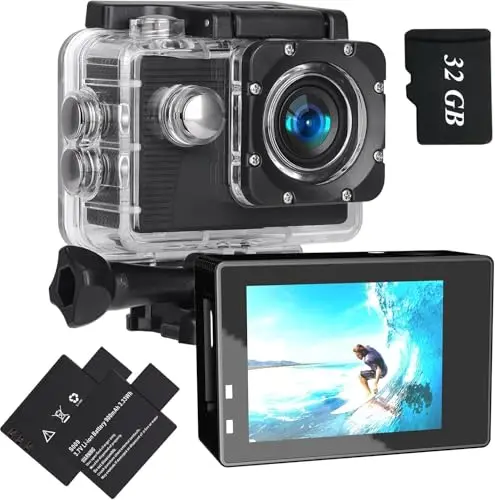 Xilecam Camera Sport 1080P avec Carte Mémoire 32GB,Etanche 131FT Caméra Étanche, avec Deux Piles Rechargeables 900 mAh Caméra Sport et kit d'accessoires(Noir)
