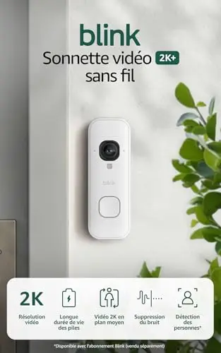 Blink Sonnette vidéo 2K+ sans fil (nouvelle génération) | Plan moyen | Audio amélioré | IP65 | Piles longue durée | Configuration facile | Module de synchronisation de base requis (Blanc)