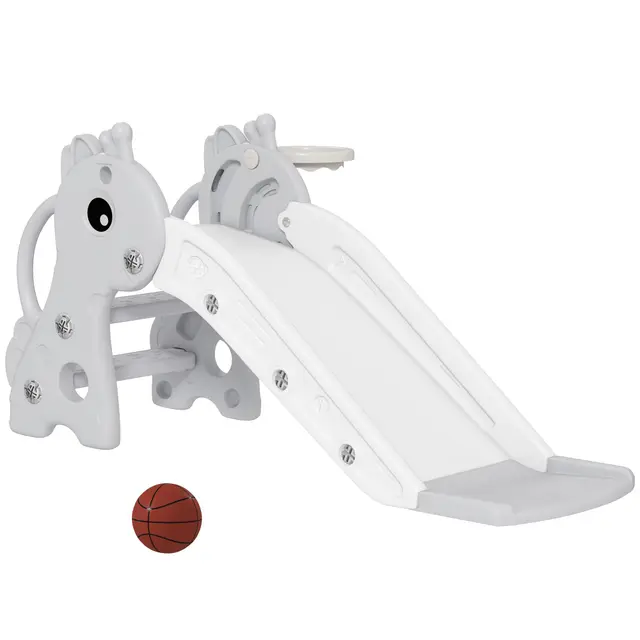 AIYAPLAY Toboggan pour Enfants 3 en 1 en Forme de Girafe avec Panier de Basket, Escalade et Ballon, Toboggan intérieur pour Enfants de 1 à 3 Ans, 106 x 51,5 x 52 cm, Gris