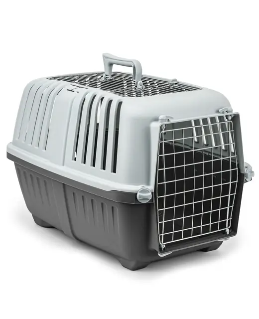 lionto Caisse Transport Chien Plastique, Grille métal, 58,5x35,5x40 cm, poignée & Fermeture Pratique, pour Chats et Petits Animaux, jusqu'à 15 kg, Gris