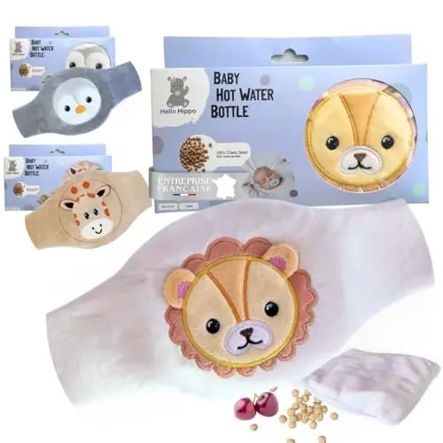 Hello Hippo - Bouillotte Noyaux de Cerise Bébé - Ceinture Chauffante Sèche Anti-Colique pour Nourrisson, Micro-Ondes ou Four, Hypoallergénique et Lavable (Lion)