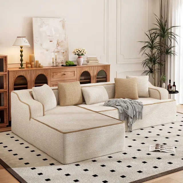 PHI VILLA Canapé Compressé Modulable, Boneless Couch Sofa Canape Mousse 4 Places en L avec Siège Profond et 5 Coussins, Velours Côtelé, Aucun Assemblage Requis, Beige