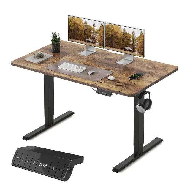 FEZIBO Bureau Assis Debout avec Ports de Charge USB-A et USB-C - 140 x 70 cm - Bureau électrique réglable en Hauteur - Standing Desk - Marron