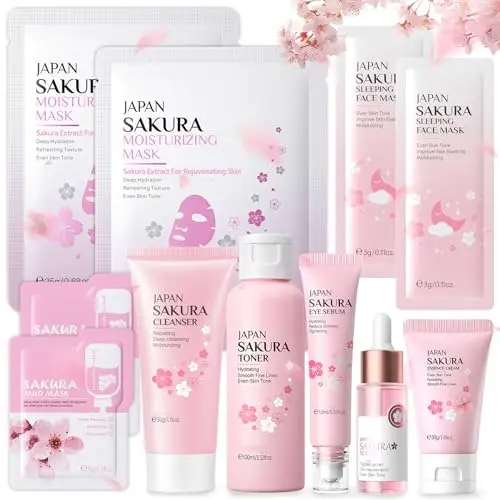 Sakura Kit de soin du visage 11 pièces, kit de soins de la peau quotidiens, avec nettoyant, toner, nettoyage et soin du visage, anti-âge, kit de soins de la peau Sakura pour adolescentes et femmes