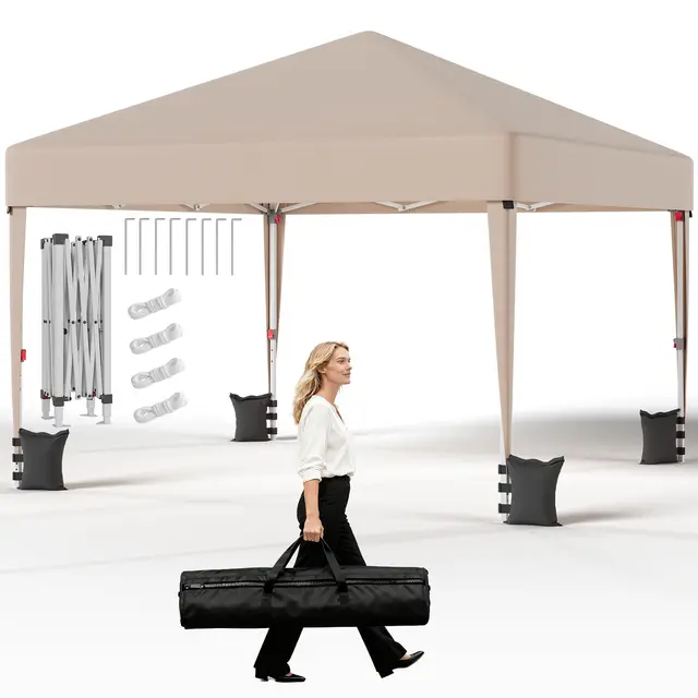JUMMICO Tonnelle Pliante 3x3, Pliage et Rangement Faciles | Protection Anti-UV | Hauteur Réglable et Système Amélioré | Imperméable et Stable | Idéale pour Jardin, Camping, Fêtes et Plus Encore|Beige