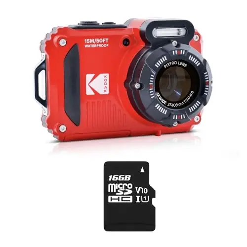 KODAK Pixpro Pack WPZ2 + 1 Carte SD Compact 16M Pixels, étanche à 15m, Anti-Choc, Video 720p, Ecran LCD 2,7 - Batterie Li-ION - Rouge