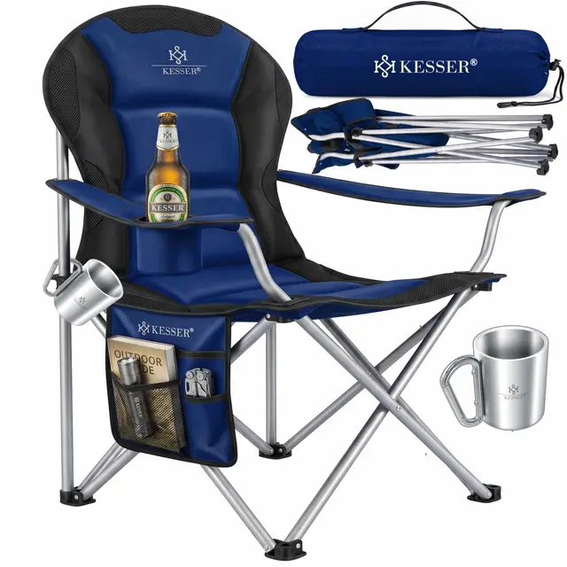 KESSER® Chaise de Camping Pliable 150 kg - Pliante Rembourrée avec Accoudoirs et Porte-gobelet + Sac à Dossier Haut - de Plage, Tabouret Pliant