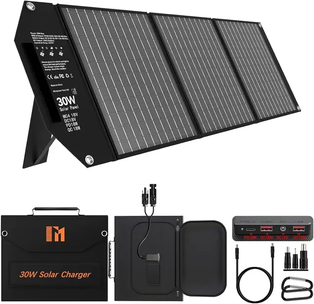 30W Chargeurs Solaires Portable avec 5 Ports, 18V MC4 Haute Sortie / 18V DC/QC 3.0 USB-A et USB-C (PD 18W) Chargeur Solaire Randonnée pour Téléphones Portables, Powerbank, Camping