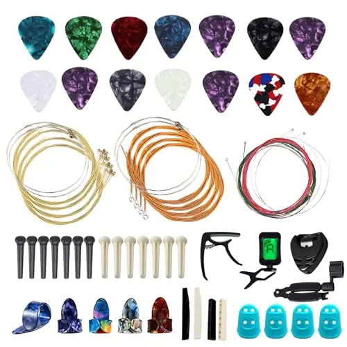 Ensemble d'accessoires pour guitare : 3 sets de cordes de guitare, 16 médiators, 5 médiators pour les doigts, 2 sets de chevilles en plastique et cônes de cordes, kit d'outils de réparation