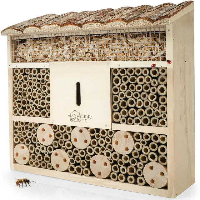 WILDLIFE HOME Hôtel à abeilles I Grand hôtel à insectes avec toit en écorce I Non traité Maison d'abeilles en bois massif pour abeilles, coccinelles, maison à insectes et aide à la nidification à