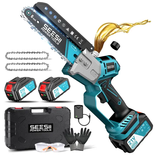 SEESII Mini Tronconneuse à Batterie 6 Pouces, Tronçonneuse Électrique Sans Balais, avec 2 * 4000 mAh Batterie, Lubrification Automatique, Compatible Makita 18V, Idéal Extérieur & Jardinage