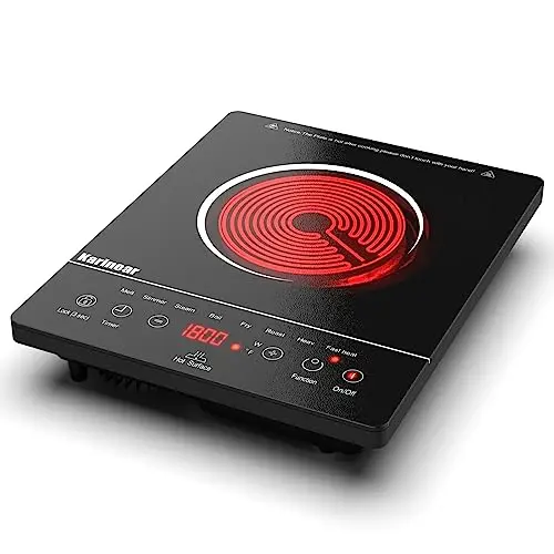 Plaque Vitrocéramique 1 Feu Portable, Karinear, Plaque Electrique Camping, 650℃ Max, Plaque de Cuisson Electrique 1 Feu with Prise VDE, Sécurité Enfant, Indicateur de Chaleur Résiduelle, 220-240V