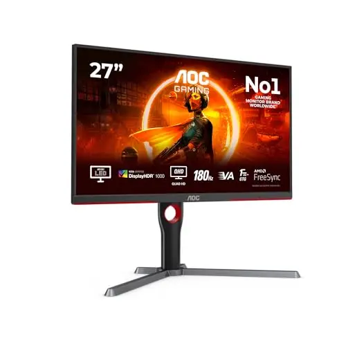 AOC Gaming Q27G3XMN - Moniteur QHD 27 pouces, 180 Hz, FreeSync Prem. Pro., HDR1000 (2560x1440, 1 ms GtG, HDMI, Display Port) noir-rouge