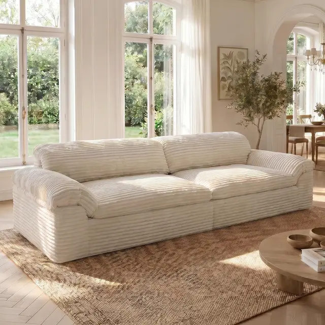Vesgantti 260CM Compressible Canapé, Canape 3 Places avec Assise Profonde, Velours Côtelé, Moderne Modulable Cloud, pour Salon, Chambre d’Amis, Aucun Assemblage Requis, Beige