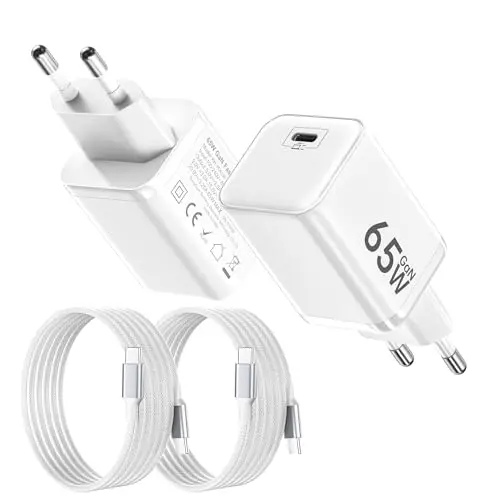 2PCS Chargeur USB C 65W, Charge Rapide PD3.0 PPS, GaN II avec Câble Tressé 2M, Compatible pour MacBook Pro/Air, pour Samsung Galaxy S25/S24/S23, pour iPhone 17/16/15(Blanc)