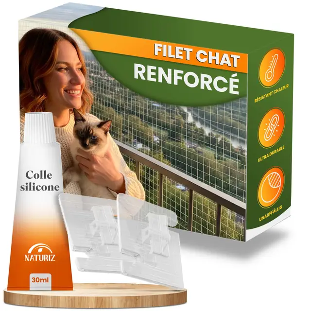 Naturiz Filet de protection pour chat pour balcon, sans perçage, 3 x 4 m, renforcé, en fil de fer, transparent/blanc, avec crochet adhésif, pour balcon et fenêtre, filet de balcon, pour chat (3 x 4 m)