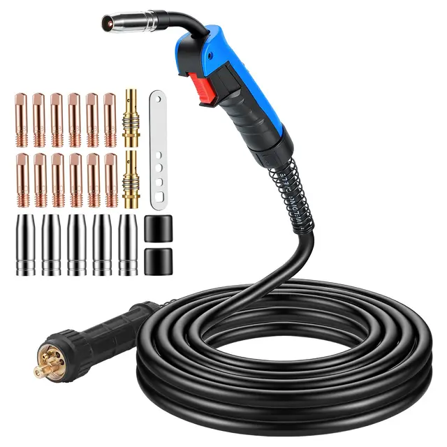 Torche de Soudage MIG/MAG MB15 AK, 5m avec Connecteur Euro et Set de 22 Pièces d'Usure incl. Diffuseur Cuivre & Guides-Courant, 180A pour Soudage CO₂/Argon en Atelier & Industrie