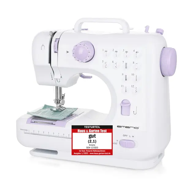 Emerio SEW-121820 Machine à coudre pour enfants et débutants, 12 motifs de points, mini avec pédale, alimentation électrique et batterie, maison, lumière LED, automatique avant et arrière, blanc/rose