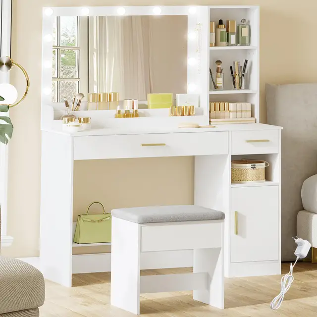 HEXCELEN Coiffeuse avec Miroir et Tabouret, Grand Miroir LED, Luminosité Réglable, Table de Maquillage, Coiffeuse avec 2 Tiroirs, 4 Compartiments et Armoire, 40 x 108 x 141 cm Blanc
