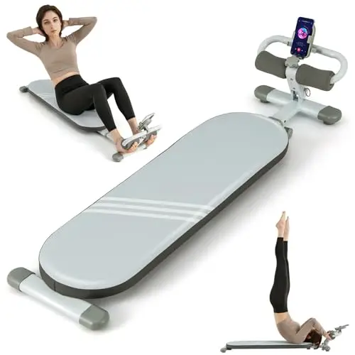 GYMAX Banc Musculation Plat pour Fitness, Longueur Régable 120-137 CM, Inclinaison Régable de Support des Pieds à 3 Niveaux, pour Entraînement des Abdominaux et des Jambes, avec Porte-Téléphone