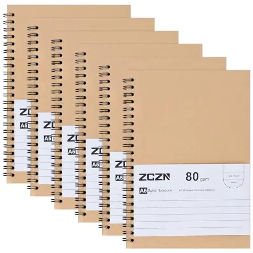 ZCZN A5 Cahier à Spirale Kraft 60 Feuillets par Bloc，Lot of 6 Blocs Carnet de Notes à Spirale Reliure Double Spirale，80 g/m²，Bloc Note Carnet Dessin，120 Pages Lignées Notebook