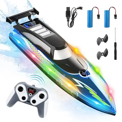 Bateau télécommandé, Bateau électrique Grande Vitesse étanche 2,4 GHz avec 2 Piles Rechargeables et lumière LED, Ship Course électrique sans pour Enfants Adultes Piscine lac rivière (Blue)