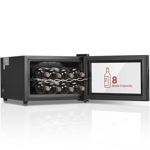 FOHERE Cave à vin pour 8 Bouteilles, Réfrigérateur à vin de Table Avec Porte en Verre, 22 Litres LED + Affichage Numérique, Réfrigérateur à Boissons Avec Porte en Verre, 8-18 °C