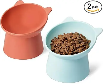 Amazon Basics Mangeoires surélevées pour Chats, en Forme d'oreille de Chat, Paquet de 2, 13,2 × 13,2 × 11,4 cm, Orange et Bleu