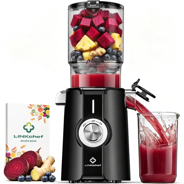 LINKChef Extracteur de Jus Fruits et Légumes, Slow Juicer 200W avec Grande Ouverture 115 mm pour Fruits Entiers, Machine à Jus Compacte, Sans BPA, Facile à Installer et Nettoyer, avec 2 Verres