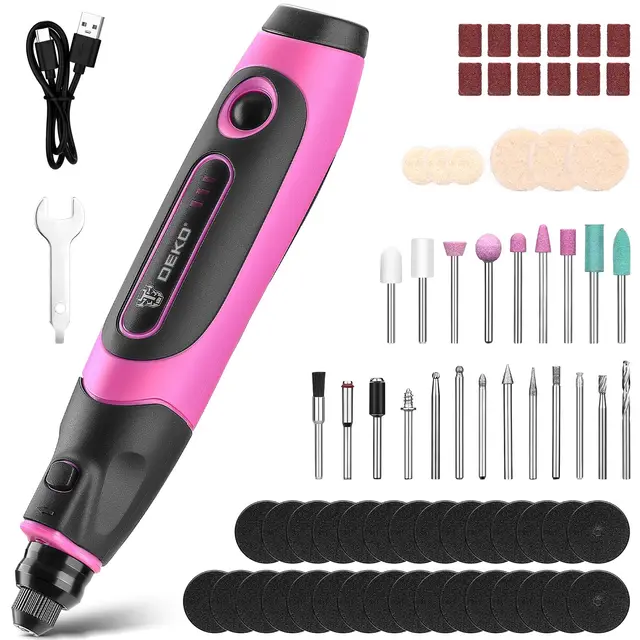 DEKOPRO Outil Rotatif Multifonction: 3.6 V Rose Mini Ponceuse pour les petits projets de bricolage,Meuleuse électrique avec 70 accessoires pour sculpter,couper,poncer,meuler,polir,graver